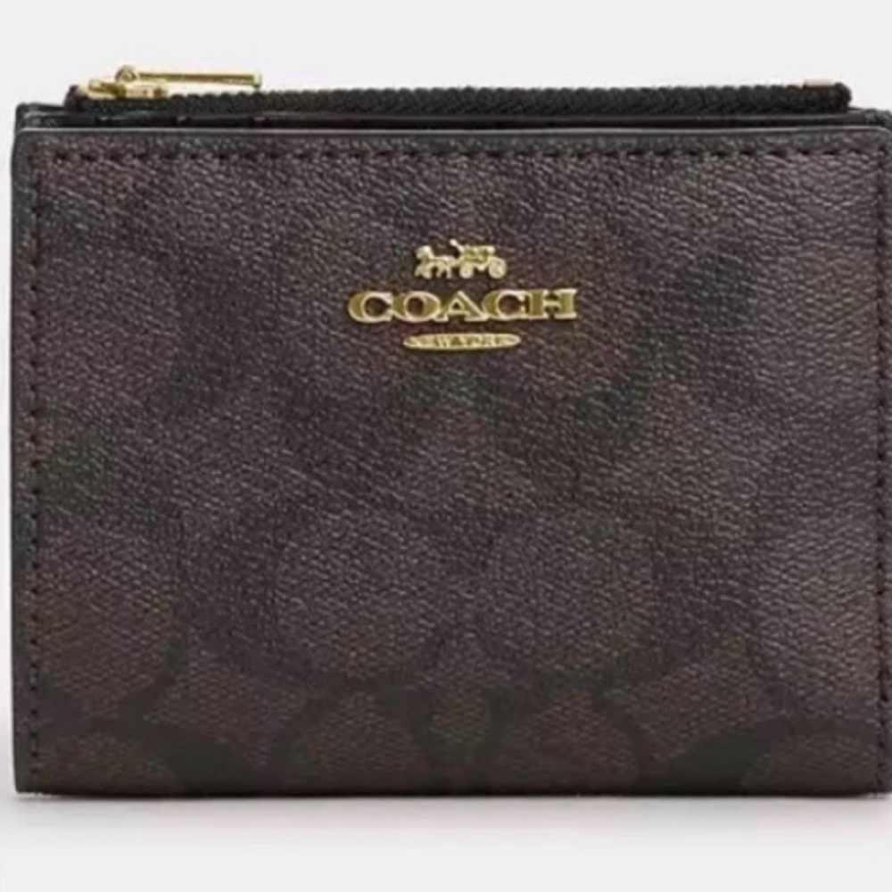 Coach Women’s Bifold Dark Brown Wallet with Signature logo Gold Accents